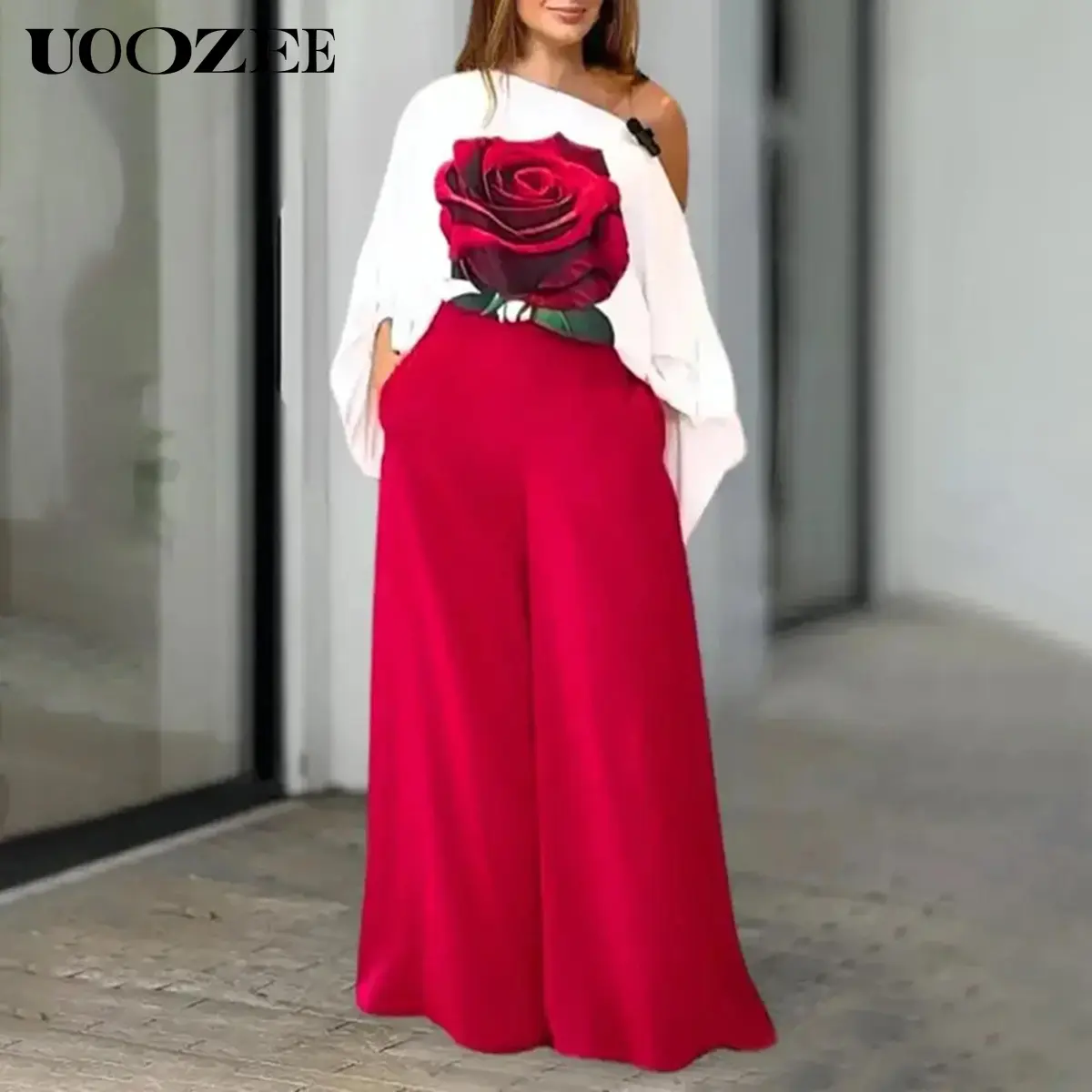 Flower Print Elasticity Asymmetric Puff Sleeves Loose One-Shoulder T-Shirts Tops& Wide Leg Pants Suits