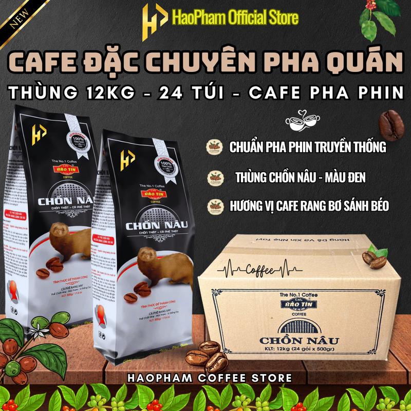 Thùng Cà Phê Chồn Nâu Bảo Tín (12kg) - (24 Túi Đen) - Cafe Đặc Chuyên Pha Quán, Hương Thơm Đậm Đà Sánh Béo, Thể Chất Nhẹ Coffee Socola Cafe