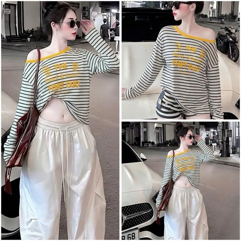[DEAL MỞ BÁN]  ÁO THUN UNISEX FORM RỘNG SỌC LỆCH VAI TAY DÀI THỜI TRANG, CHẤT LIỆU COTTON MỎNG MỀM MÁT, Thời Trang Nữ Women Hottrend