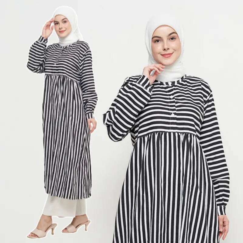 Midi Dress Wanita Muslim Motif Stripe Salur Bahan PolyRayon 3