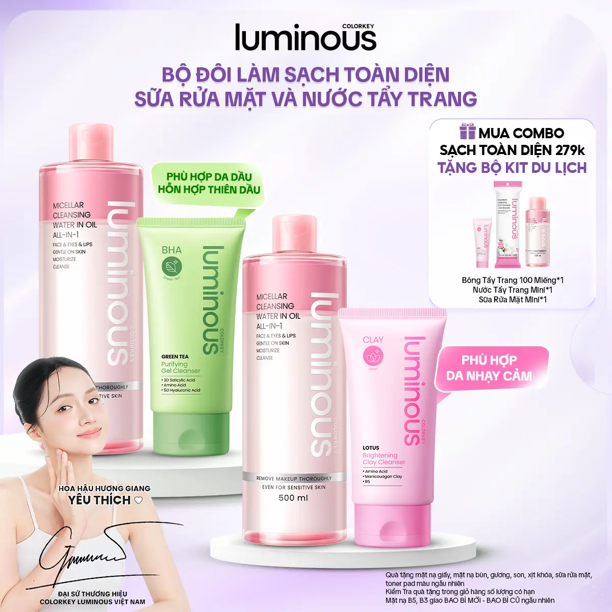 Bộ Đôi Làm Sạch Toàn Diện Gồm Sữa Rửa Mặt Và Nước Tẩy Trang Colorkey Luminous Hỗ Trợ Làm Sạch Cho Da Nhạy Cảm Và Da Dầu Mụn