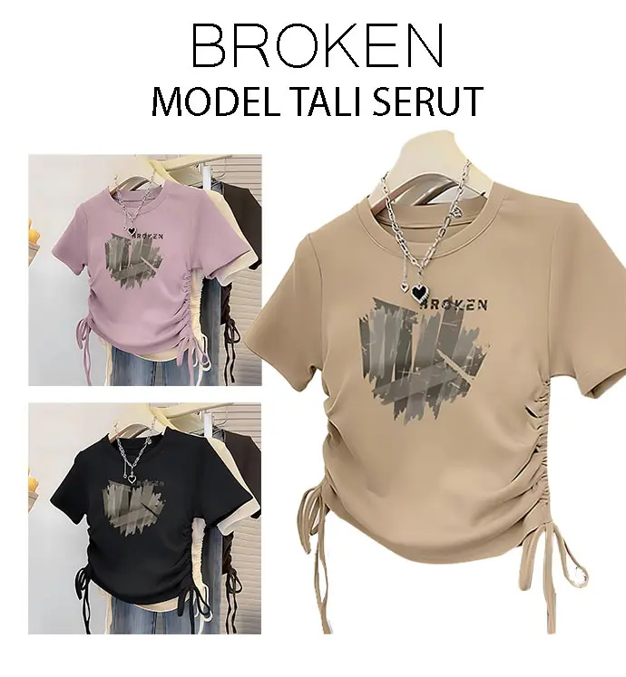 Kaos Crop Wanita Katun - T shirt Broken Heart Tali Serut Wanita Crop Top 0