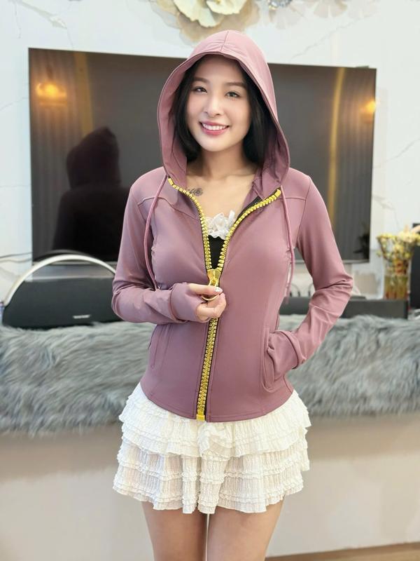  Áo khoác THUN LẠNH dây kéo to VÀNG 4 túi  nữ Women Top Thun - Kem - Jacket symbolic  áo áo  khoác 