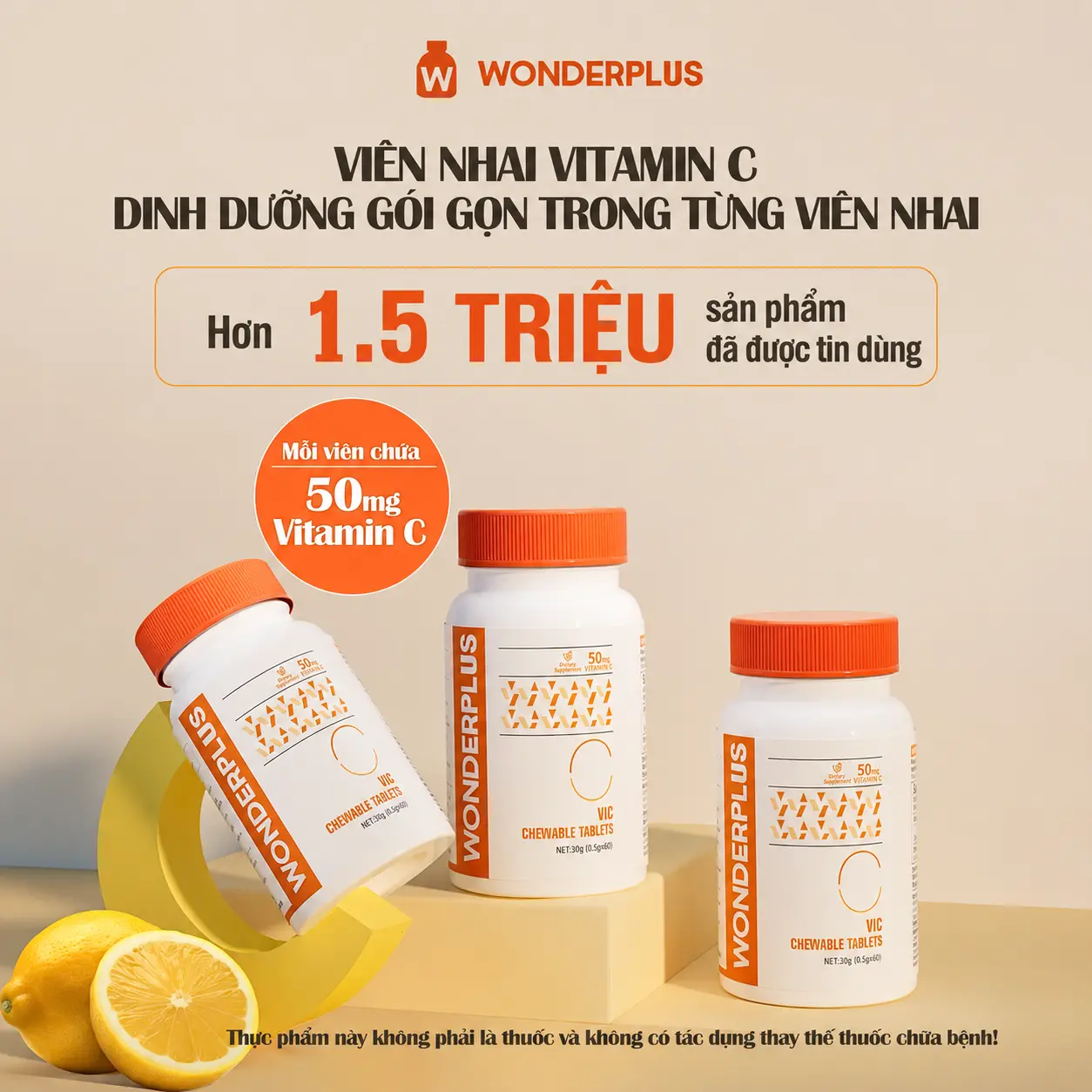 Viên Nhai Bổ Sung Vitamin C Wonderplus (60 viên x 50mg) - Hương Cam - Giúp Làn Da Rạng Rỡ - Tăng Cường Đề Kháng - Giảm Căng Thẳng Mệt Mỏi