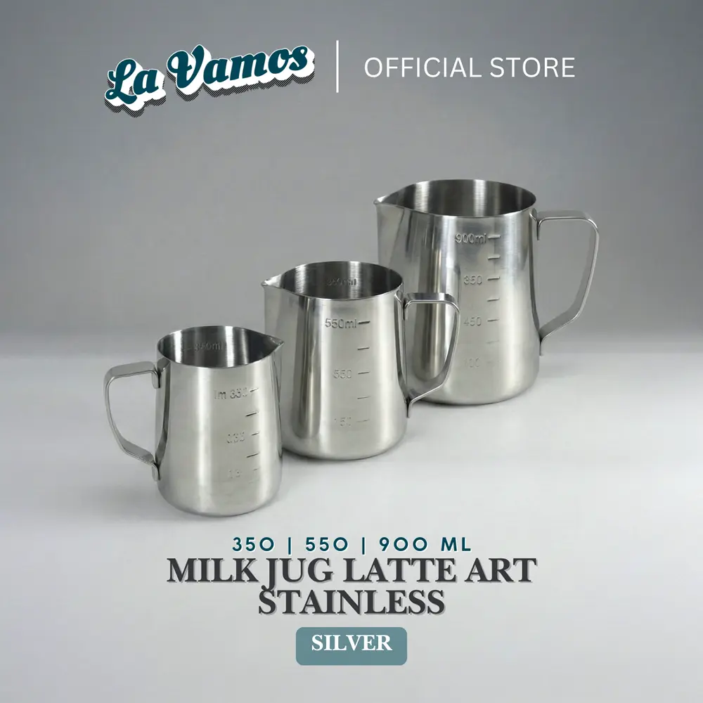 LaVamos Milk Jug Cangkir Latte Art Espresso 350ml 550ml 900ml Stainless Steel Handle Kopi Silver