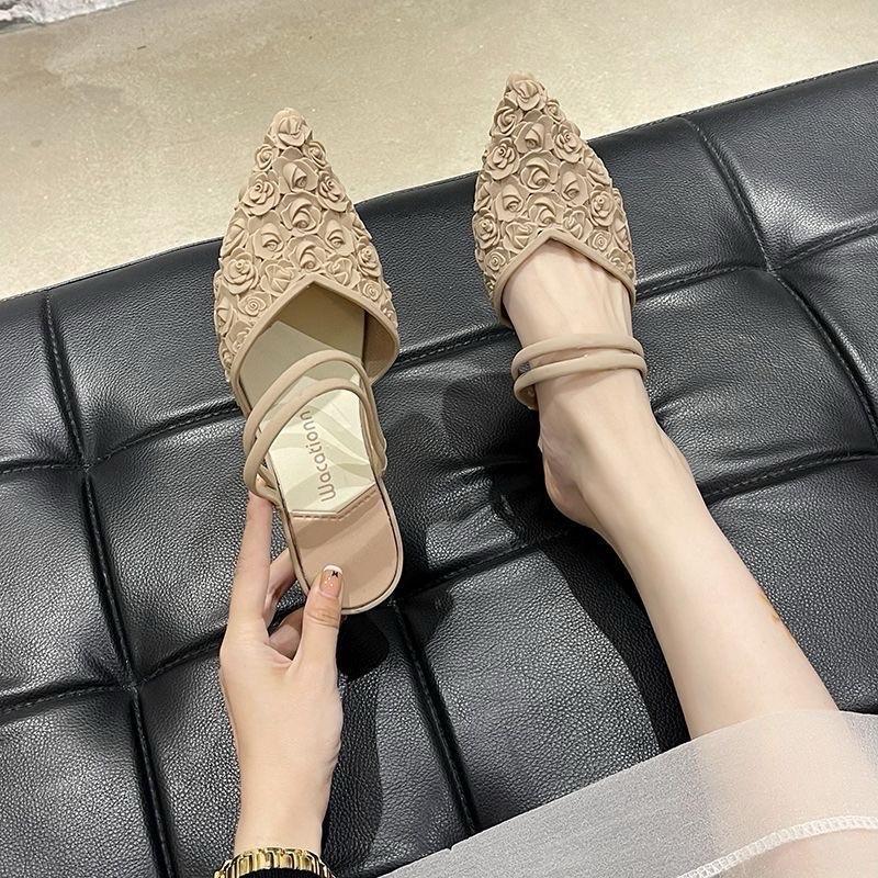   Chân To Tăng 1 Size  Dép sục mũi nhọn gót cao cổ hoạ tiết hoa hồng phong cách sang chảnh mới - TopsneakerJK 