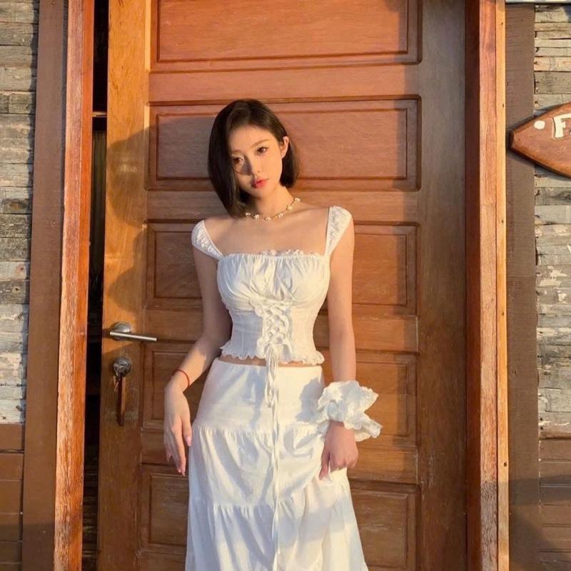 [Bèo Béo Bigsize] Set Áo Croptop Nhún Ren Đan Dây Kèm Chân Váy Midi Dáng Xoè Form Bigsize 60-90Kg