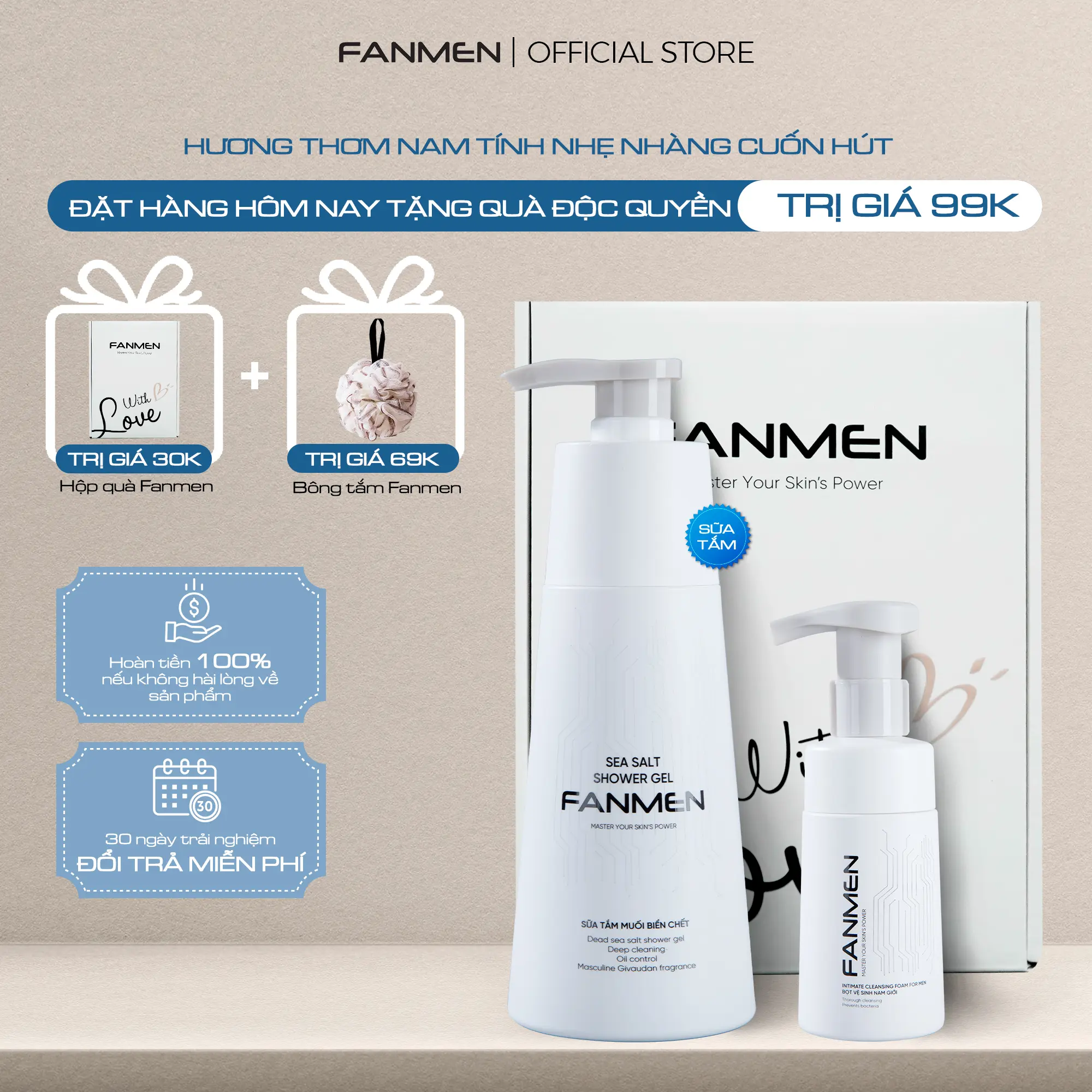 [  COMBO TINH TẾ ] Sữa tắm muối biển chết hương thơm Blue Sea nam tính 350 ml và Bọt vệ sinh vệ sinh toàn diện ngăn ngừa vi khuẩn 100ml dành cho nam | Tặng Hộp Đựng WLn Kèm Quà 0Đ