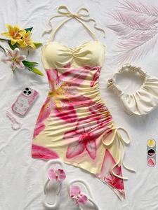 Vestido de mujer con cuello halter y estampado de lirios, diseño fruncido con cordón en el lateral, estilo dulce y atrevido para vacaciones, perfecto para verano, la playa, citas en la playa, fiestas de verano y té de la tarde