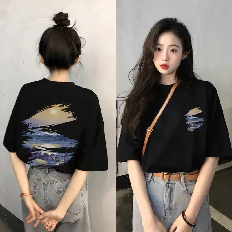 A1217 T-shirt Lengan Pendek Baju Kaos Oversize Wanita Baju |kaus wanita korea Baju Atasan Wanita Terbaru Pencetakan Sunset Cotton 2