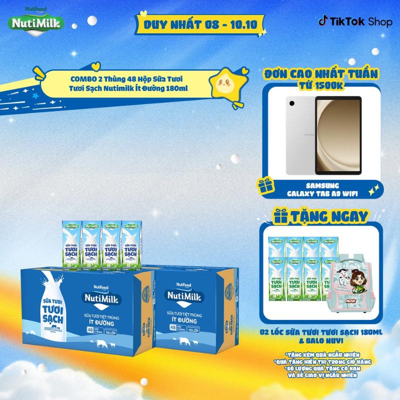 COMBO 2 Thùng 48 Hộp Sữa Tươi Tươi Sạch NutiMilk Ít Đường 180ml
