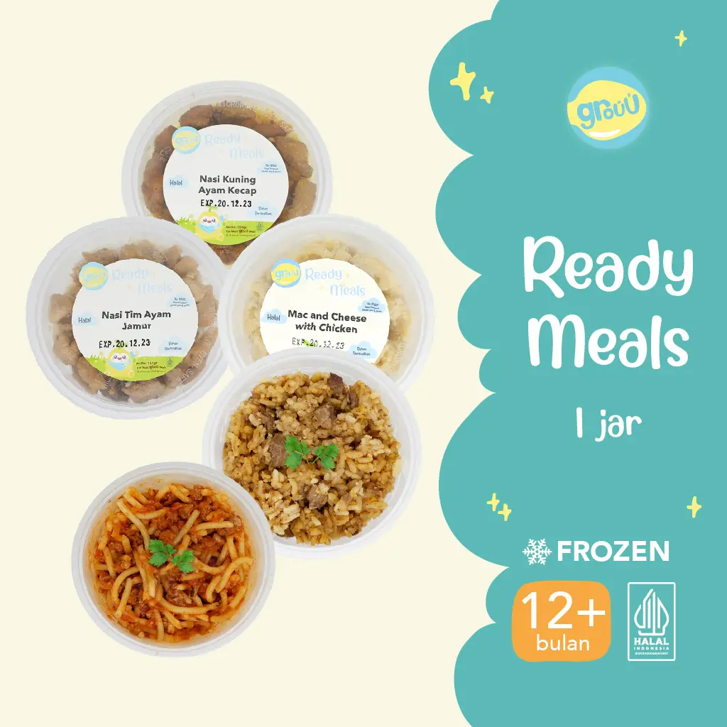 Grouu - Ready Meals / Siap Saji - Makanan Bayi, MPASI, Alami, Tanpa Pengawet (Nasi Kuning, Nasi Goreng, Pasta, Nasi Tim, Mac & Cheese)