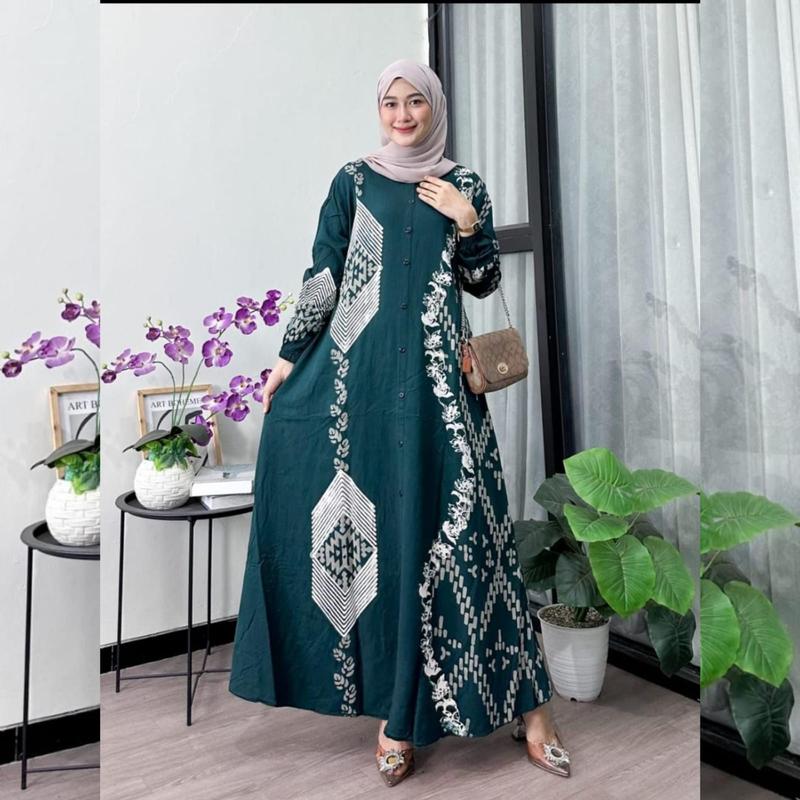 Naya Batik - Gamis Twill Ori Berkualitas Motif Batik Cap Malaman Bukan Sablon Busui Friendly Lengan Panjang Karet Model Tali Samping Full Kancing Dress Wanita Muslim Remaja Tanpa Rempel Nyaman Kain Rayon 4