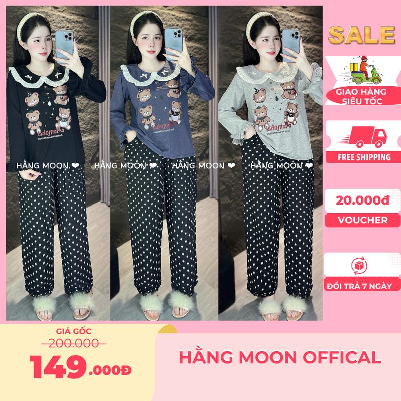 Set Đồ Nữ BigSize Set Bộ Cotton HÌNH GẤU Dễ Thương Tay Dài Đính Nơ Phối Quần SUÔNG CHẤM BI Lai Bèo - Hằng Moon