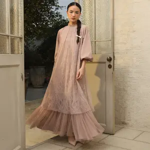 Earthly Allure HijabChic Syahira Mocca Dress - Gaun Lebaran Brukat Tulle Elegan Best Seller dengan Manset Elastis & Kombinasi Lace Brukat Mewah untuk Wanita Muslim