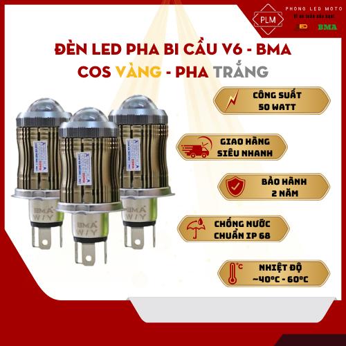 Đèn Pha LED Bi Cầu Mini V6 Cos Vàng Pha Trắng - 50W Trợ Pha Laser Chuyên Lắp Oto Xe Máy - Bảo Hành 24 Tháng