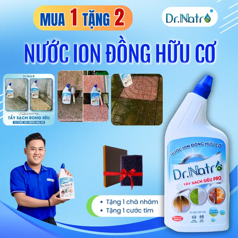 Nước ion Đồng Hữu Cơ Dr Natro - Làm Sạch Rong Rêu, Cặn Canxi, Ron Gạch, Vết Rỉ Sét, Vết Bám Xi Măng,.......Chai 1000ml - Tặng 1 miếng chà nhám + 1 Miếng Cước Tím 0