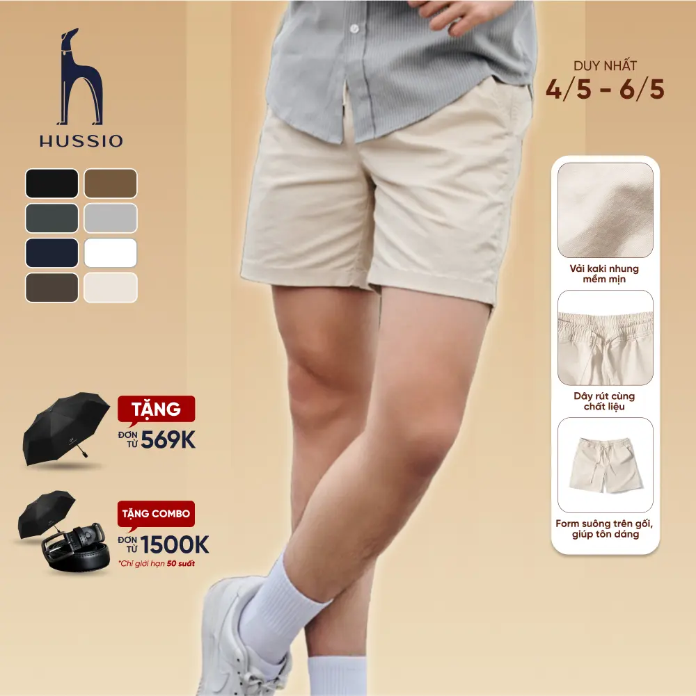 Quần short short nam vải KAKI nhung, mềm mịn, trẻ trung, năng động - HUSSIO