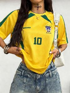 Camiseta retro de fútbol de Brasil 10 para mujer y camiseta de estilo americano vintage para uso casual, ropa deportiva de moda