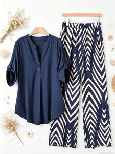 Conjunto de dos piezas para mujer talla grande: blusa con cuello en V, frente abierto con botones y pantalones rectos de cintura alta y pierna ancha; atuendo casual y a la moda, ideal para el verano, el uso diario y la ropa casual.