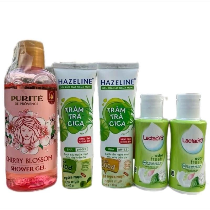  Combo 5 món gồm 1 Sữa tắm Purite 250g + 2 Sữa rửa mặt Hazeline 40g + 2 Nước rửa vệ sinh Lactacyd 60ml 
