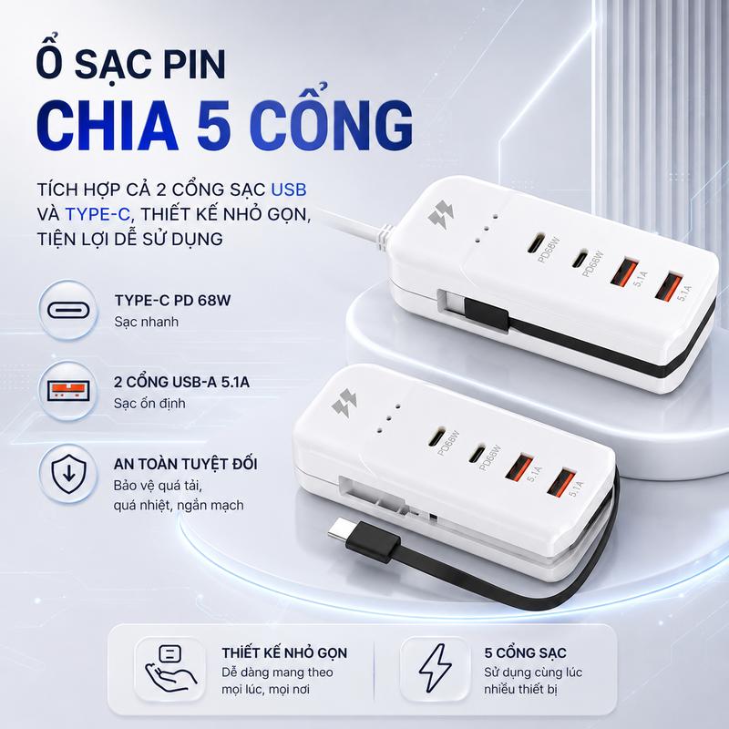 Bộ Sạc 5 Cổng USB Type C, Ổ Cắm Sạc Điện Thoại 5 Trong 1 Sạc 20W An Toàn, Tiện…