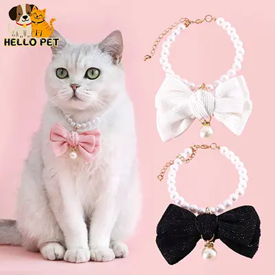 New pet pearl diamond bow necklace princess style velvet bow tie pendant collar for cat and puppy