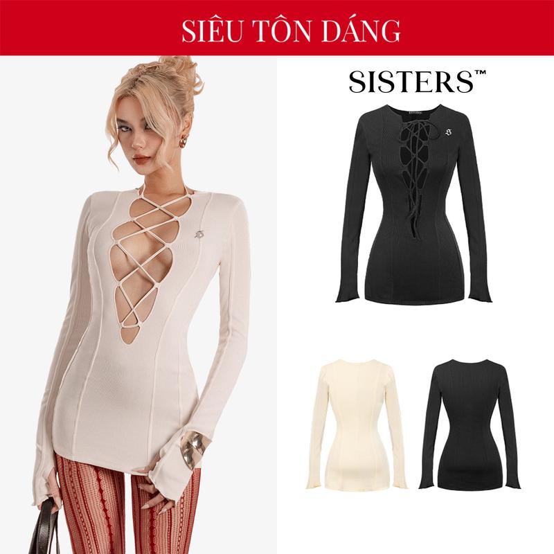  Váy body ngắn tay dài đan ngực SISTERS màu đen kem cổ khoét sâu ôm sát cơ thể quyến rũ Sohee SIS-CLUB | SS-D51 