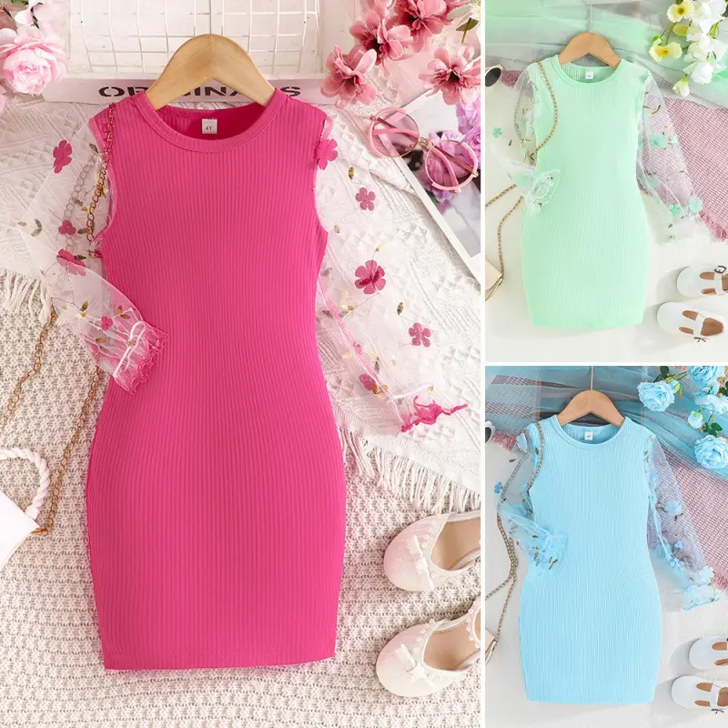 Children's Solid Color Pit Stripe Dress Girls Transparent Floral Mesh Sleeves Dress