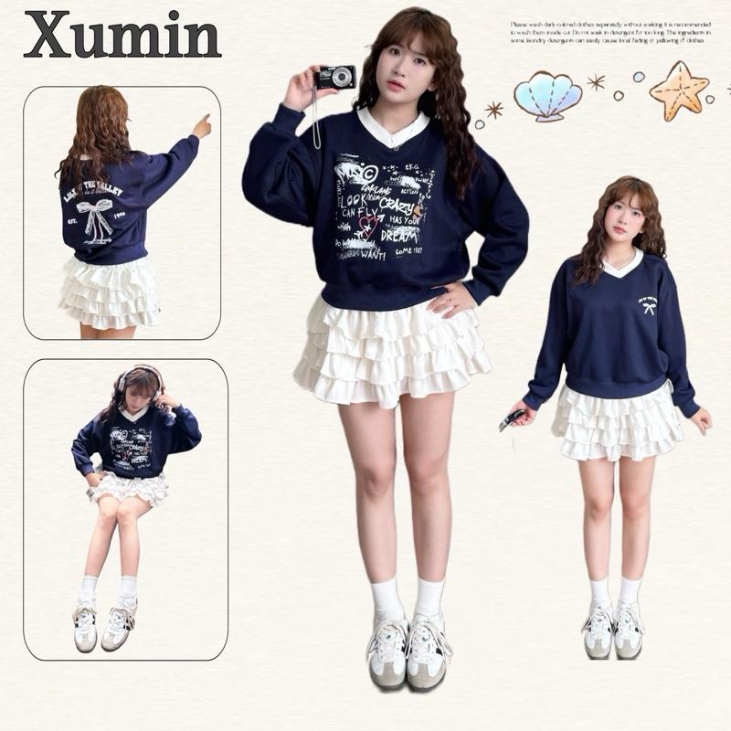 Áo Baby Sweater Xu Min Min - Chất Nỉ 2 Da Màu Xanh Than Cổ Tim Trắng Dáng Boxy In Hình