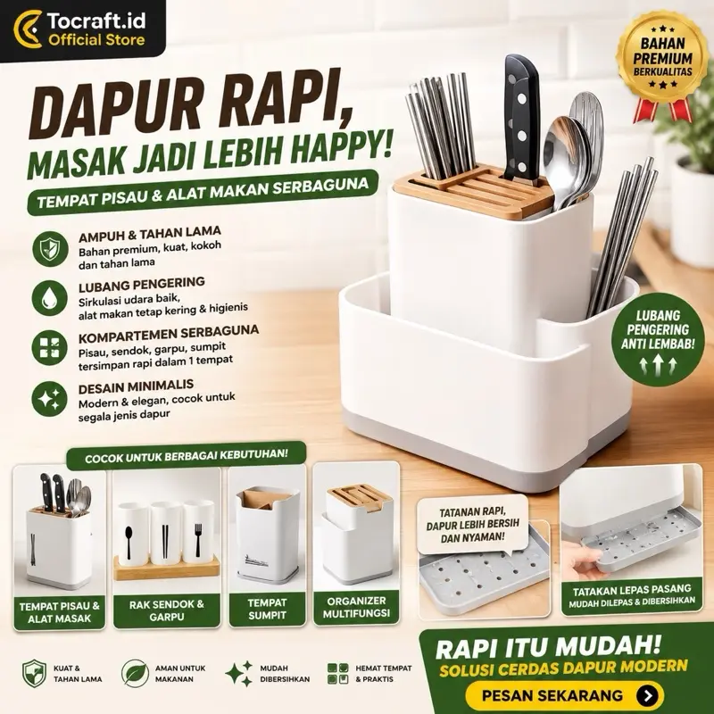 Rak Pengering Sendok Garpu Plastik Putih Tempat Pisau Alat Dapur Aesthetic kayu Kitchenware Biru