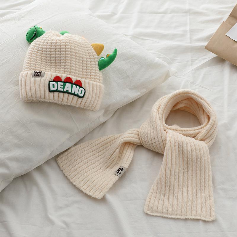 Product Introduction of 1-7Y 2Pcs Children Hat Scarf Set Cute Little Dinosaur Knitted Wool Cap Winter Warm Kids Neckerchief Boy Girl Baby Beanie 10