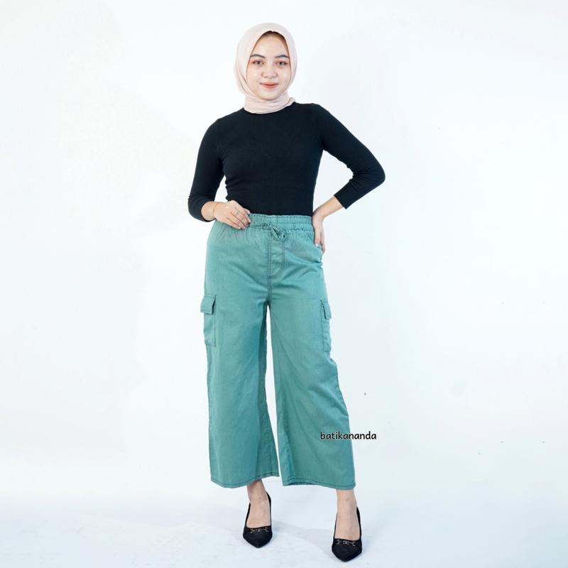 Celana Kulot Cargo Jeans // Celana Cargo wanita Jeans Panjang Harga Grosiran Hitam Karet Loose Cewek 6