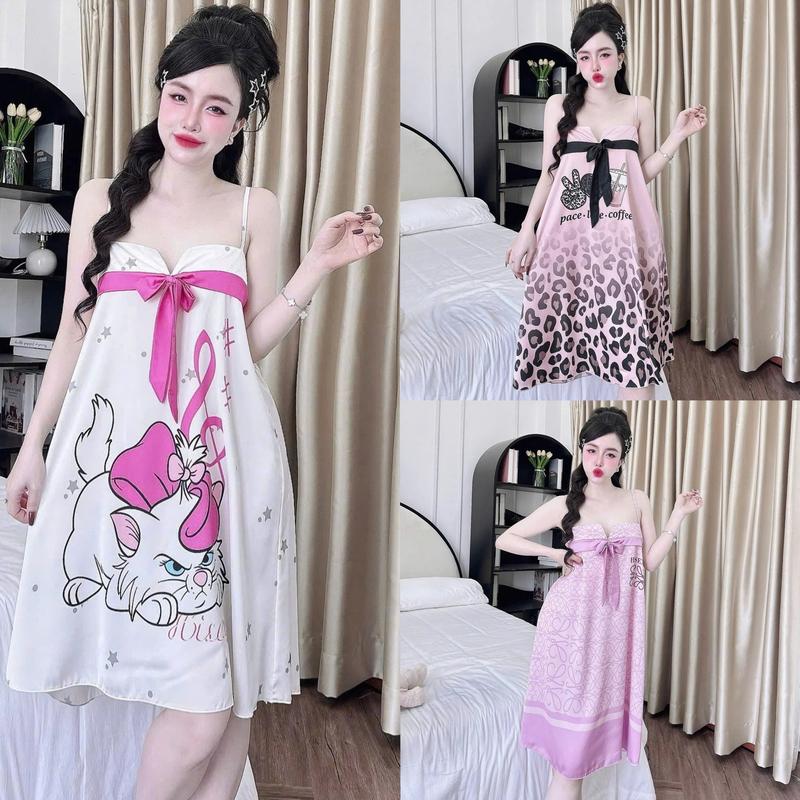  Váy Ngủ Hisexy Đầm Ngủ Lụa Latin In 3D Nơ Trước Ngực Ko Kèm Quần MD68 - Chất Liệu Lụa Latin - Nữ 