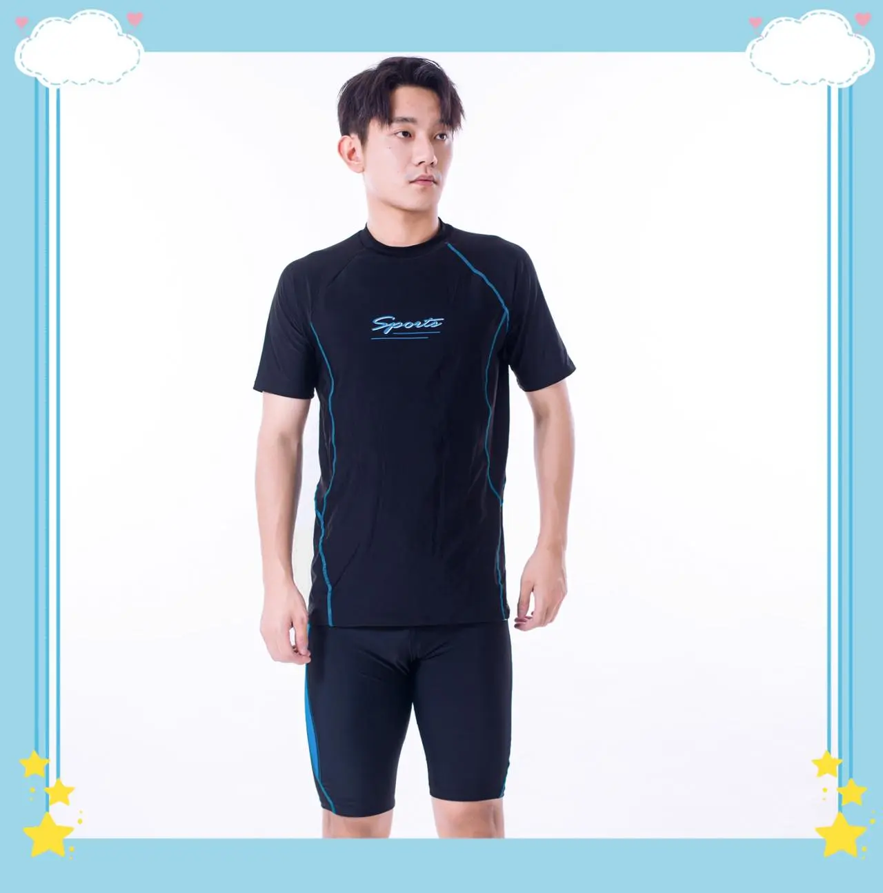 91016 Baju renang / murah antiuv / satu set / pakaian renang / celana pendek / lengan pendek / dewasa / remaja / biru / abuabu / cowok / pria / lakilaki Sport Setelan