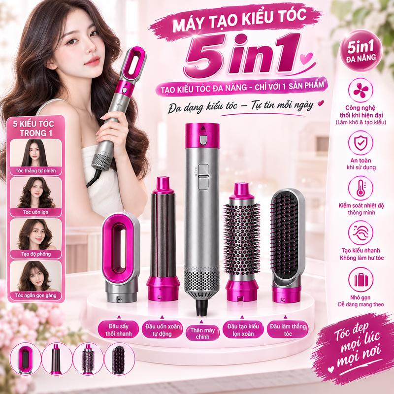 Máy sấy tóc đa năng 5 In 1 kiêm máy làm tóc, uốn, duỗi, làm xoăn tự động không hư hại tóc,3 mức nhiệt,chất liệu ABS an toàn, mạ kim loại không gỉ,thiết kế gọn gàng,máy tạo kiểu tóc, chải tóc,máy sấy tóc,máy uốn tóc tự động,máy làm xoăn tóc