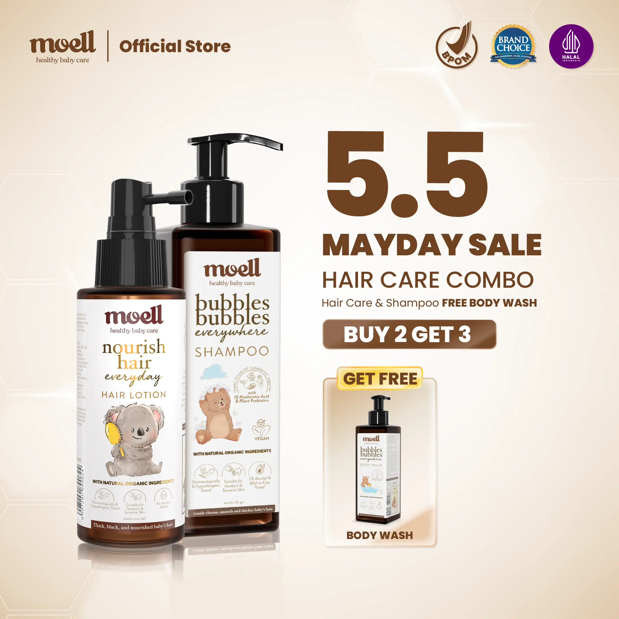 [MAYDAY SALE] BUY 2 GET 3 Hair Lotion 100gr & Shampoo 185gr FREE Body Wash 185gr - Perawatan Rambut dengan Panax Ginseng, Kemiri & Biotin Untuk Anak & Bayi