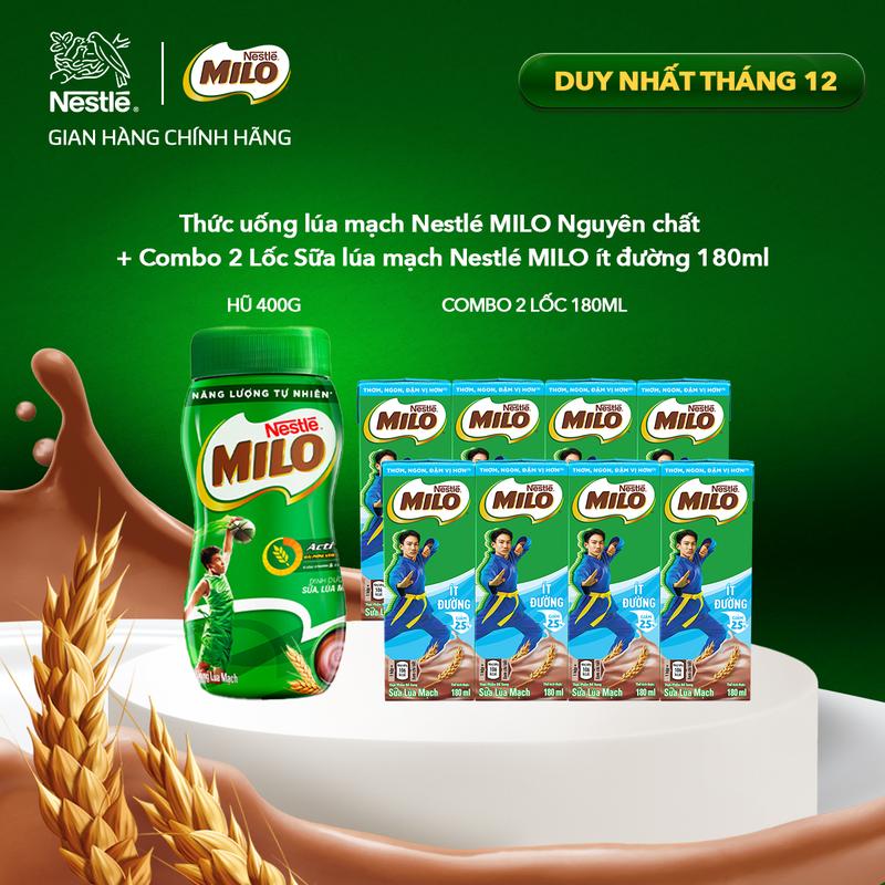  Thức uống lúa mạch Nestlé MILO Nguyễn chất  Hũ 400g  + Combo 2 lốc Sữa lúa mạch Nestlé MILO đủ loại  8 hộp x 180ml 110ml  