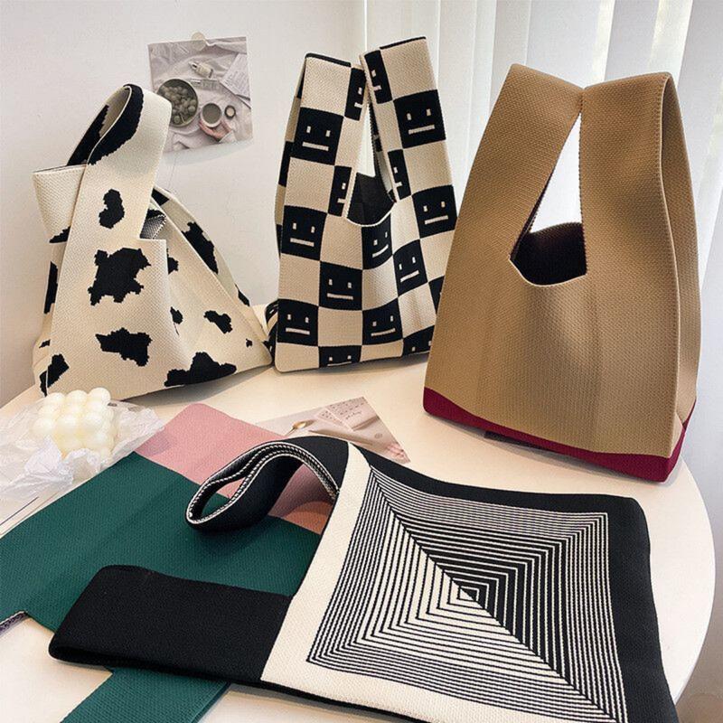 Knit knot bag korea premium Tote bag rajut kekinian motif garis hitam Tas wanita mini fashion Totebag kecil cantik Top handle bag trend Thailand import termurah 2