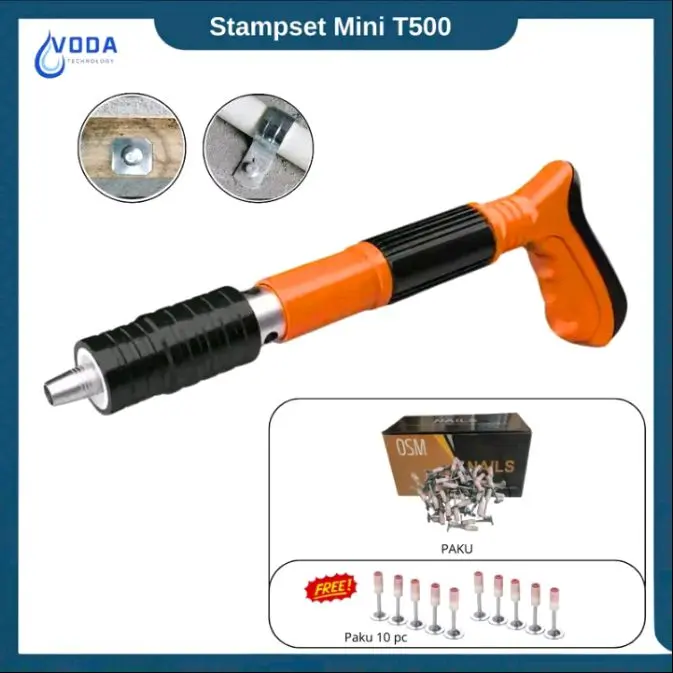 Paku Beton Stampset Mini T500 dengan Nozzle 7.3mm dan Paku Ramset Otomatis Logam Baja Besi Kuat Serbaguna