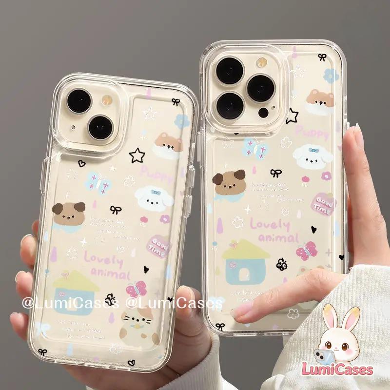 Ốp trong suốt iPhone hoạt hình chó mèo dễ thương, chống sốc dạng khí nén, viền dày bảo vệ camera, tương thích với iPhone 17, 16, 15, 14, PLUS, 13, 12, 11, PRO MAX, XS, XR, X, 7G, 7Plus, phong cách nữ tính Hàn Quốc