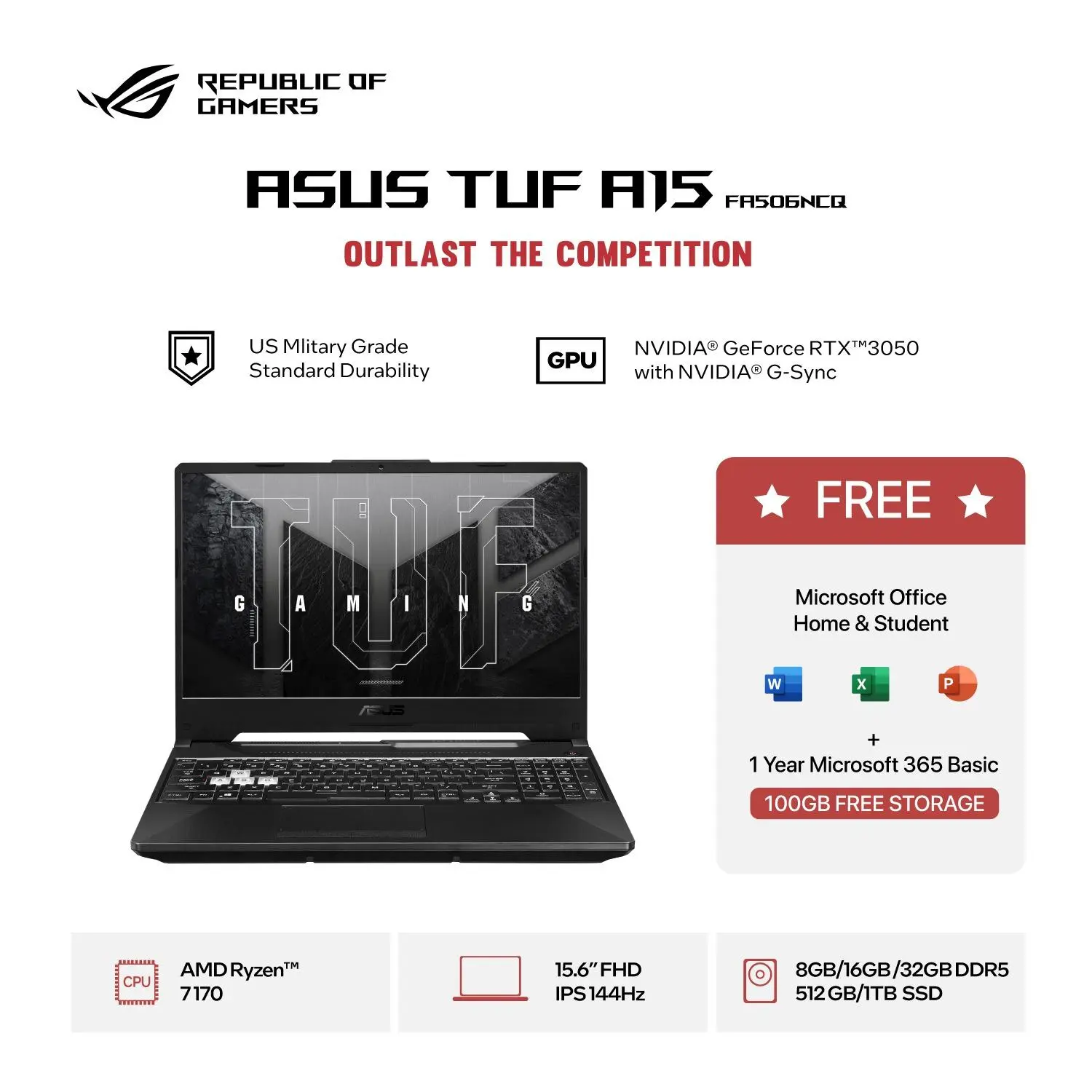 ASUS TUF Gaming A15 FA506NCQ Graphite Black AMD Ryzen 7 170 / NVIDIA GeForce RTX 3050 / 16GB / 512GB / 15.6inch / WIN11 / OH24 / M365
