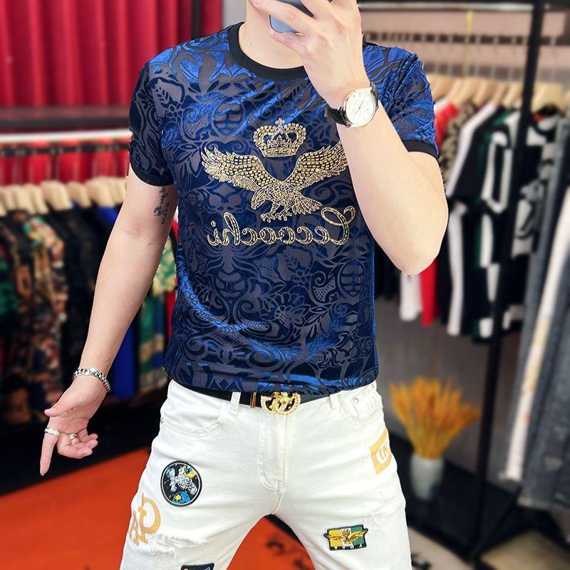 Áo Thun Ngắn Tay Thoáng Khí Cho Nam, Áo Thun Đại Bàng Kim Cương Giả, Hợp Thời Trang, Thường Ngày, Đa Năng, Mỏng, Cổ Tròn Đen Top Menswear