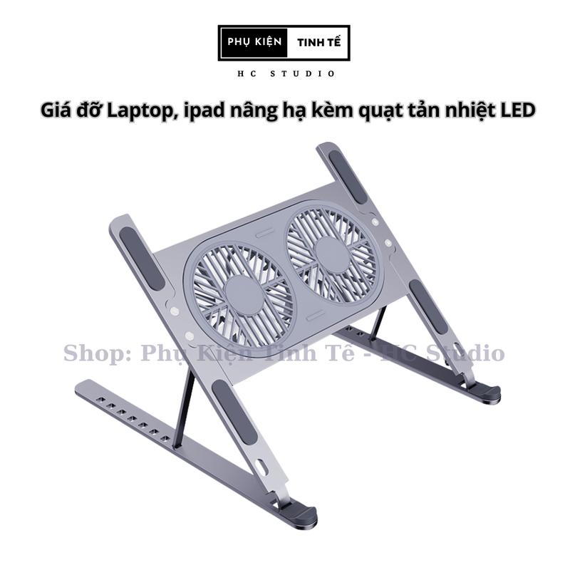 Giá đỡ tản nhiệt Laptop, ipad nâng hạ chất liệu nhôm nguyên khối kèm quạt tản nhiệt LED