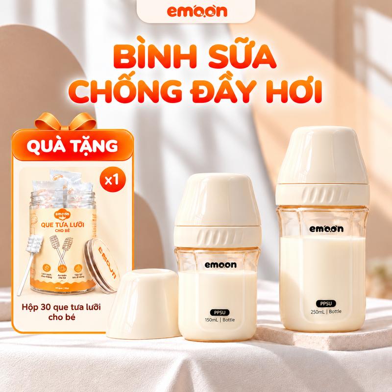 Bình sữa chống đầy hơi EMOON PPSU 150ml/250ml, núm ti silicone mềm, cổ rộng dễ vệ sinh, van thông khí đáy bình