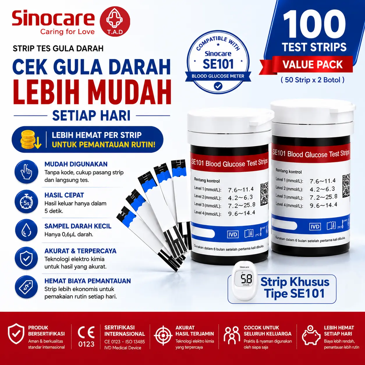 Sinocare SE101 Test Strip Gula Darah 25/50/100 Strip + Lancet Refill Strip Glukosa Original