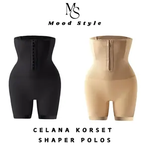 MoodStyle / KR1964 Celana Korset Shaper Polos Kulit Hitam Spandeks Pengait Depan Ketat Wanita Waist
