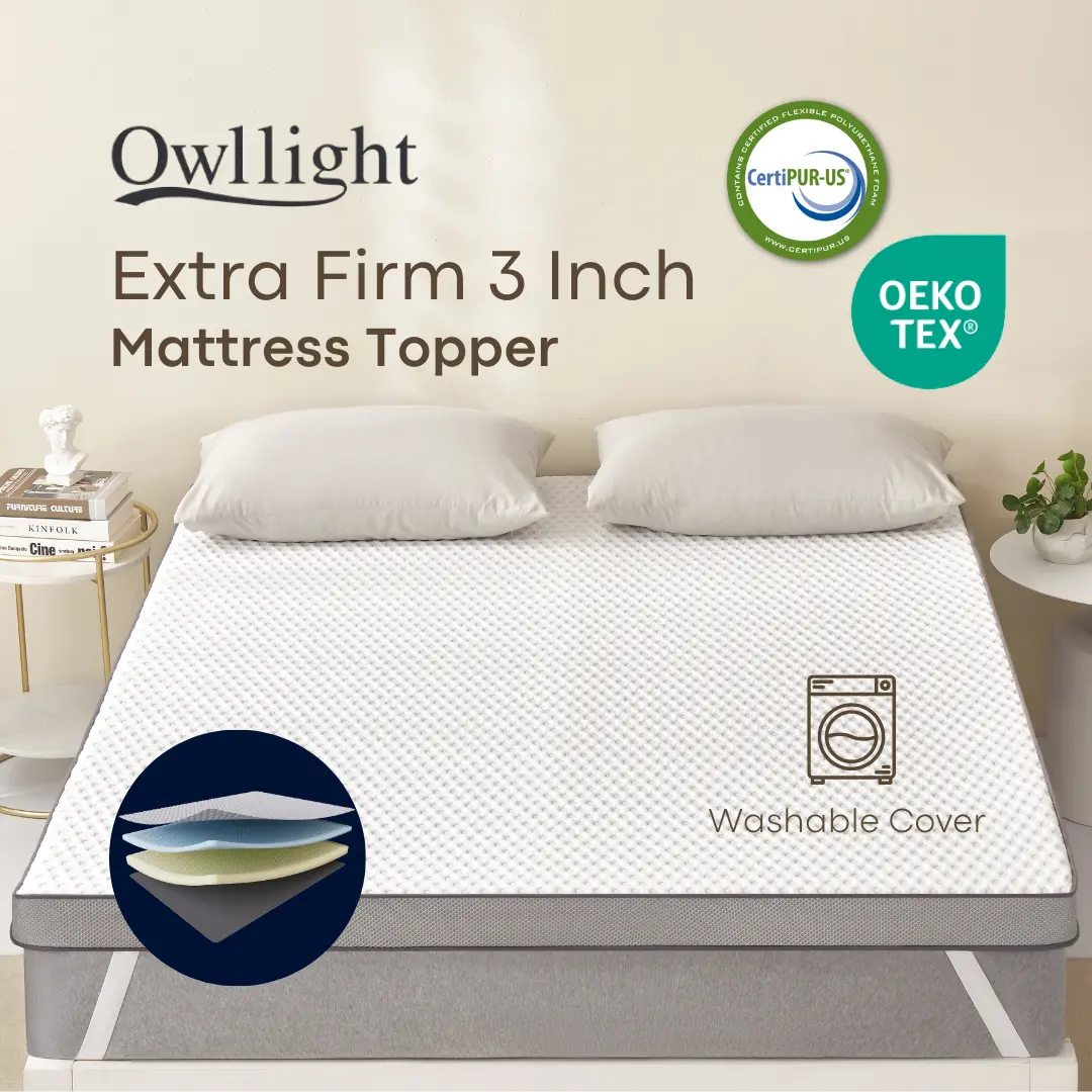OWLLIGHT 3 Inch Extra Firm Mattress Topper Medium Firm (Single, Super Single, Queen, King Cooling, Bamboo Charcoal Gel-Infused, CertiPUR-US Certified