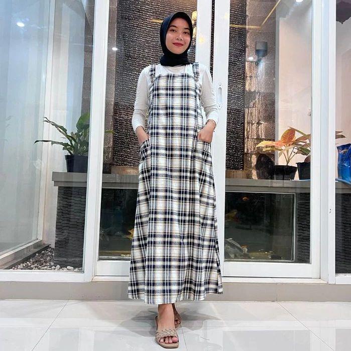 Fanya Overall Jumpsuit Wanita Terbaru Flanel import Panjang Kasual Dress Muslim // Zeyn Overall Flanel