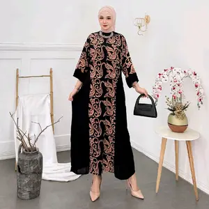 Daster Maura Wanita Jumbo Batik Cap Pekalongan Lengan 7/8 Rempel Lingkar Dada 120 cm Motif Kekinian Kombinasi Bahan Rayon Premium Super Tebal Panjang Dress Semata Kaki Pinggang Gaun Tali Samping Kanan Kiri Bagian Dada Full Kancing Depan Busui Friendly